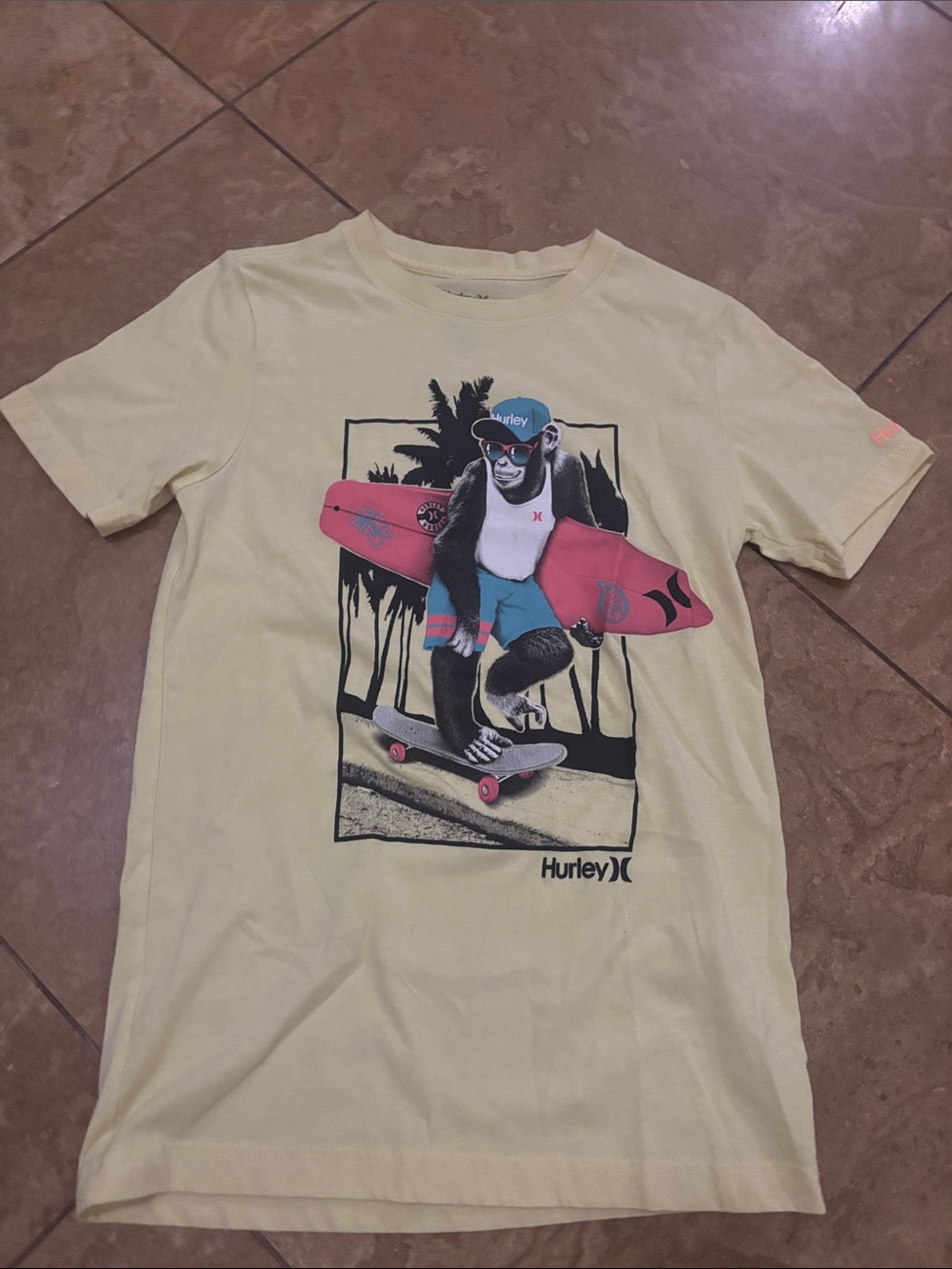Hurley Yellow Tee with Pink & Blue Surf Monkey Graphic